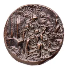 Peter Flötner, Prudence, Concave round bronze plaque with brown patina;