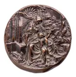 Peter Flötner, Prudence, Concave round bronze plaque with brown patina;