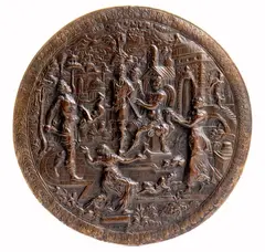 Judgement of Solomon by Hans Jamnitzer, Round bronze plaque with brown patina;, offered Mar 2025