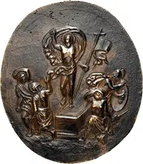 Resurrection by Matthias Wallbaum, Oval bronze plaque with dark reddish brown patina;, offered Mar 2025