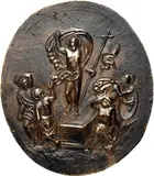 Matthias Wallbaum, Resurrection, Oval bronze plaque with dark reddish brown patina;