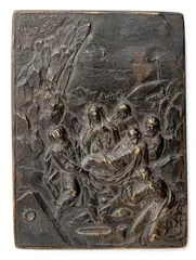 The Deposition by Matthias Wallbaum, Rectangular bronze plaque with dark brown patina;, offered Mar 2025