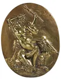 Claude Michel detto Clodion, Erotic scene with satyrs, Oval plaque in gilded bronze; mm