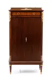 Maison Krieger, French mahogany sheet music cabinet, entirely mahogany veneered with gilt bronze appliqués; two-door front with under-top drawer