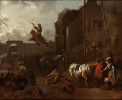 Jan Miel, A village festivity, oil on canvas depicting a party with circus activity in a village