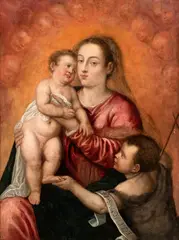 Virgin with Child and Saint John the Baptist by Tiziano Vecellio, Oil on canvas, offered Feb 2025