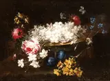 Giuseppe Volò Vincenzino, Still life of flowers on a tray, Oil on canvas