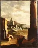 Leonardo Coccorante, Coastal landscape with ruins and figures, The painting bears the initials in the bottom right-hand corner: "LC".