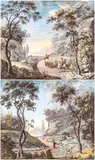 Giuseppe Bernardino Bison, a) Landscape with two knights, herds and buildings; b) River landscape with figures and a horse. Pair of gouaches, Gouache on paper