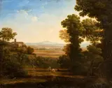 Claude Lorrain, Imaginary landscape with figures and a village in the background, Oil on canvas