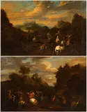 Jacques Courtois Il Borgognone, a) Battle of knights in an open field; b) Battle of knights with fortress in the background. Pair of paintings, Oil on canvas
