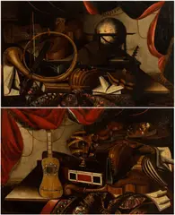 Bartolomeo Bettera, a) Still life with musical instruments, globe and sheet music; b) Still life with musical instruments, palette, astrolabe and sheet music. Pair of paintings, Questa sontuosa coppia di inedite nature morte di tema musicale mostrano la chiara influenza dell'arte raffinata