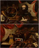 Bartolomeo Bettera, a) Still life with musical instruments, globe and sheet music; b) Still life with musical instruments, palette, astrolabe and sheet music. Pair of paintings, Questa sontuosa coppia di inedite nature morte di tema musicale mostrano la chiara influenza dell'arte raffinata