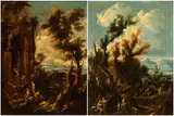 Alessandro Magnasco, a) Landscape with fountain, architectural ruins and figures; b) Landscape with figures. Pair of paintings, In questa bella coppia di animatissimi paesaggi con figure si può riconoscere un notevole frutto della fervida