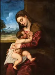 Virgin and Child (Maria Lactans) by Tiziano Vecellio, Oil on canvas, offered Feb 2025