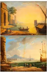 Claude Lorrain, a) Coastal capriccio with architecture, figures and boats; b) Coastal capriccio with tower figures and boats. Pair of paintings, Oil on panel