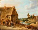 David Teniers Il Giovane, Landscape with watercourse and farmers in front of a farmhouse, Oil on panel