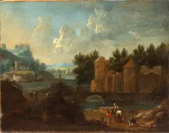River landscape with bridge, castle and figures by Théobald Michau, Oil on canvas, offered Feb 2025