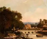 Nicolas Sébastien Frosté, Landscape with watercourse, mill in the background and figures, The painting shows