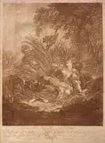 René (Robert) Gaillard, Les Amans Surpris, etching ad inchiostro color sanguina