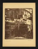 Augusto Zoboli, Sul Ponte Vecchio - Firenze, xilografia stampata in marrone scuro;