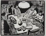 Amerigo Bartoli, Interno con figure e tavola apparecchiata, 1914, Xilografia