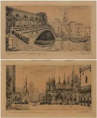 Ponte di Rialto | Piazza San Marco a Venezia by Antonio Carbonati, 1922, lotto di due incisioni ad etching:, offered Jan 2025