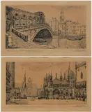 Antonio Carbonati, Ponte di Rialto | Piazza San Marco a Venezia, 1922, lotto di due incisioni ad etching:
