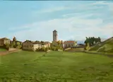 Carlo Prada, Landscape with a village, Oil on canvas