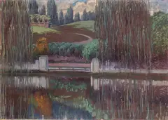 Teodoro Wolf Ferrari, Lake landscape with trees, 1914