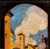 Wanda Coen Biagini, Tile with landscape decoration, 1920, This Wanda Coen artwork belongs to the period of production in collaboration with his husband Alfredo Biagini