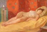 Nino Bertoletti, Naked woman in red background, 1948, On the back a stamp of Casa d'Arte La Gradiva and a label of Ente Premi Roma