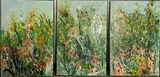 Karen Thomas, Primavera nell'uliveto. Triptych, 2021, Karen Thomas uses a variety of techniques and materials to explore the multifaceted facets of the human condition.