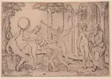Marcantonio Raimondi, A man with two trumpets, Engraving