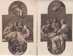 Three Muses and a Putto with a Lyre | Three Muses and a Gesticulating Putto: by Giorgio Ghisi, Lot of two engravings from a series of five, offered Nov 2024