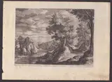 Jan (Johannes) Sadeler, Landscape with castle on rock on the river bank, after Paul Brill. Burin