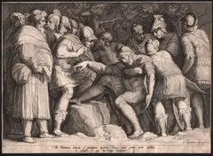 Jan Saenredam, Scipio wounded in battle, 1592, after Hendrick Goltzius' drawing of Polidoro da Caravaggio's fresco. Engraving
