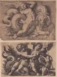 Putto with a Sea Serpent | Two Putti Riding a Sea Monster by Giovanni Andrea Maglioli, Lot of two prints after Maglioli. Etching, offered Nov 2024