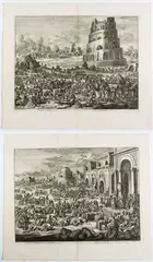 Jan Luyken, Tower of Babel | Joseph Sells Grain to His Brothers, Lot of two etchings. Etching