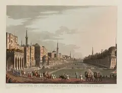 Principal Square in Grand Cairo, with Murad Bey's Palace by Thomas Milton, 1811, after Luigi Mayer. Etching and aquatint, offered Nov 2024