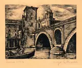 Diego Pettinelli, Fabricius Bridge in Rome, 1952, Woodcut