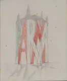 Giuseppe Landsmann Lucio Venna, Baptistery Of Parma, Pencil and red and green crayon on tissue paper