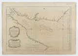 Jacques Nicolas Bellin, Mapa y Planta del Rio de la Plata Leventada y Emendada novamente por los Pilotos del Rey . . . Carte Hydrographique de la Riviere de la Plata, 1770, Map depicting the mouth of the Rio de la Plata between Argentina and Uruguay. Etching and engraving