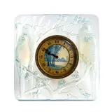 Desirable opalescent lovebirds clock with hand painted dial by René Lalique, Rectangular case in opalescent glass with a couple of lovebirds, offered Oct 2024