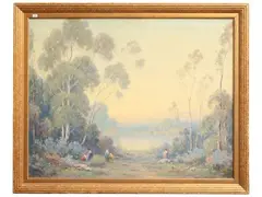 Alexis Matthew Podchernikoff, Lake landscape with characters, oil on canvas
