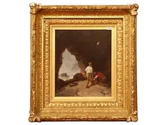 George Washington Nicholson, Fishermen in a cave, oil on panel