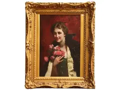 Federico Andreotti, Portrait of a female figure with a bouquet of roses, oil on canvas
