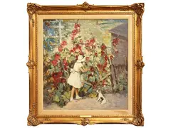 Harriet Krawiec, View of a garden with little girl and dog, oil on canvas