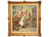 Harriet Krawiec, View of a garden with little girl and dog, oil on canvas