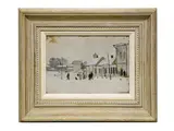 Arnold Borisovich Lakhovsky attribuito, View of Pskov under the snow, oil on cardboard
